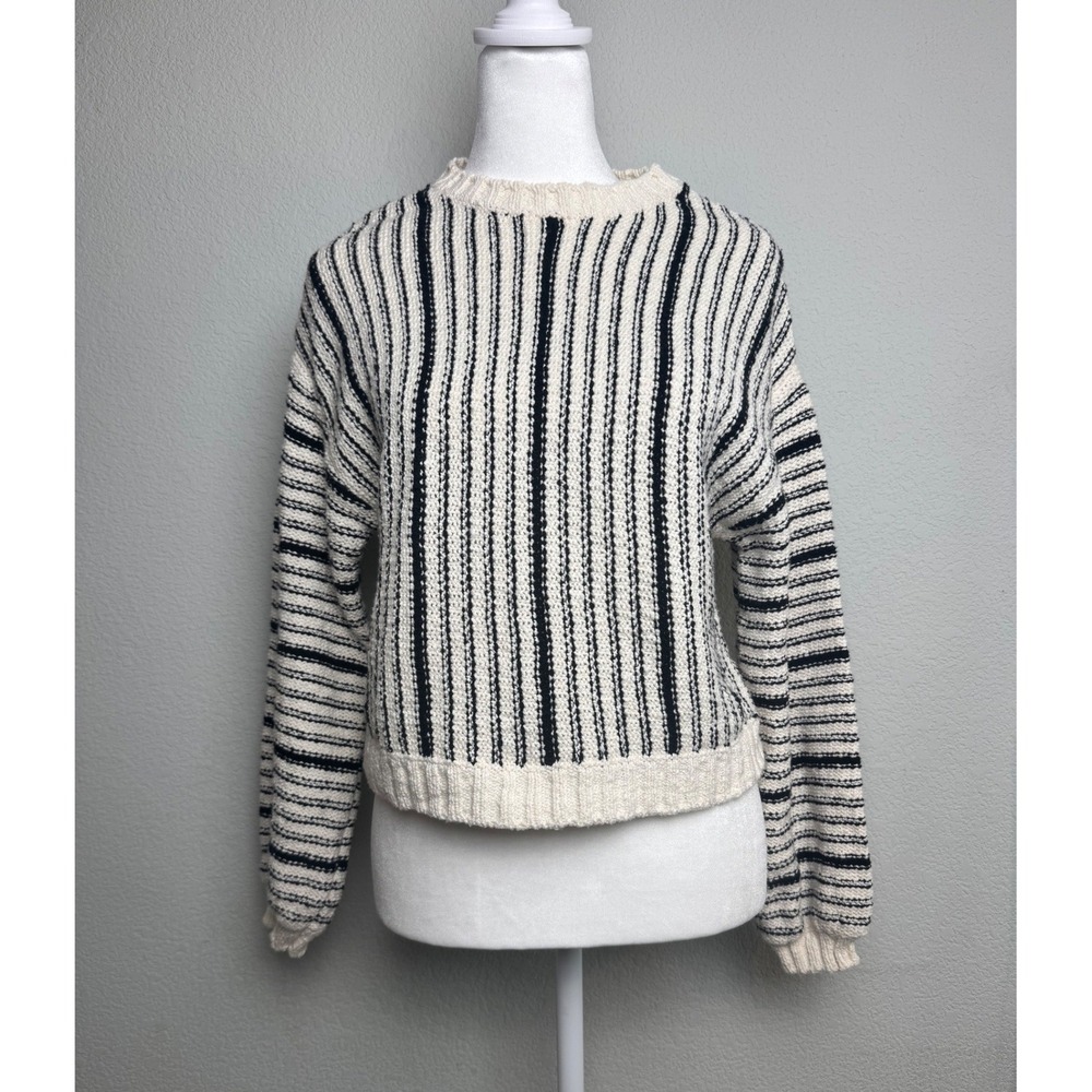 Billabong Womens Striped Knit Sweater Cream Black Crew Neck Pullover Small